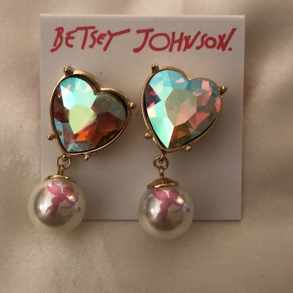 Betsey Johnson Gold Tone XOXO Iridescent Heart & Faux Pearl Cupid Drop Earrings - Picture 7 of 10